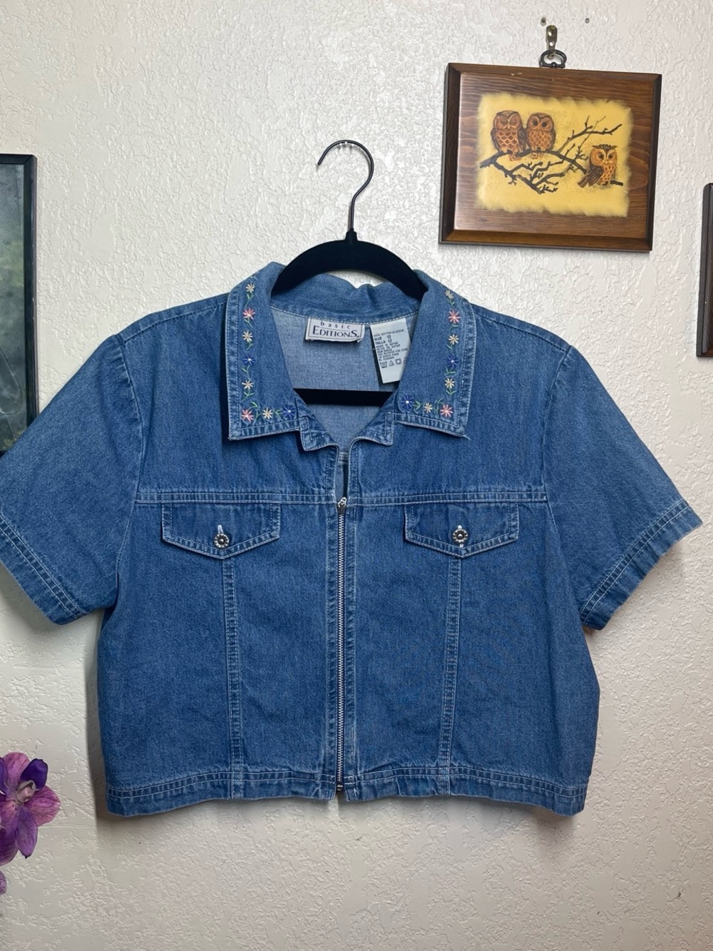 Basic Editions Blue Embroidered Denim Short-Sleeve Jacket